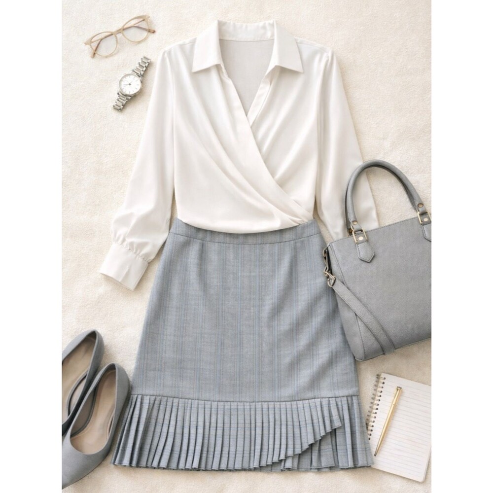 Versailles Pleated Mini Skirt 14 Gray Pinstripe Ruffle Hem Corporate Office Y2K